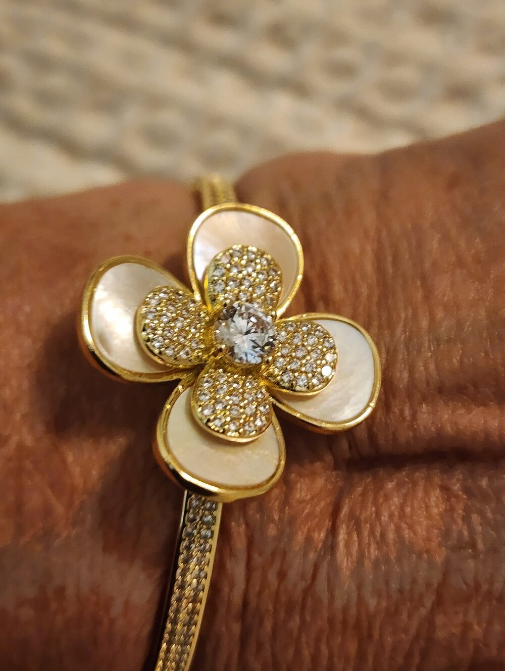 Freida Rothman Vault Gold & Mother Of Pearl Large Floral Oval Hinged Bangle